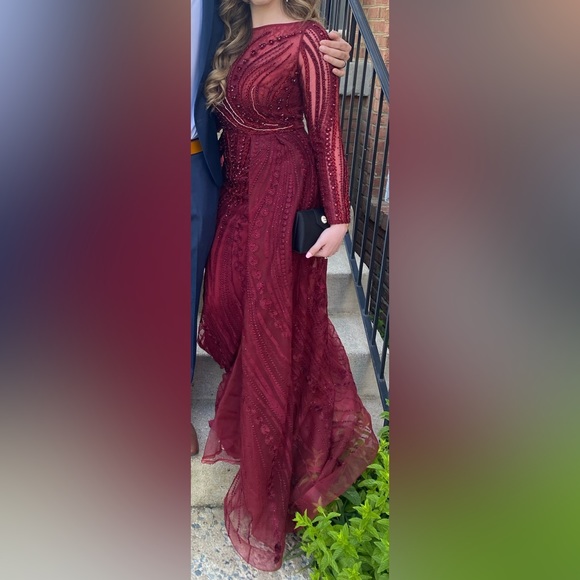 Modest Burgundy Gown with Overskirt - Picture 6 of 6